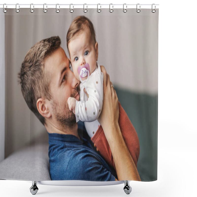 Personality  A Young Father Snuggling With Daughter At Home. Shower Curtains