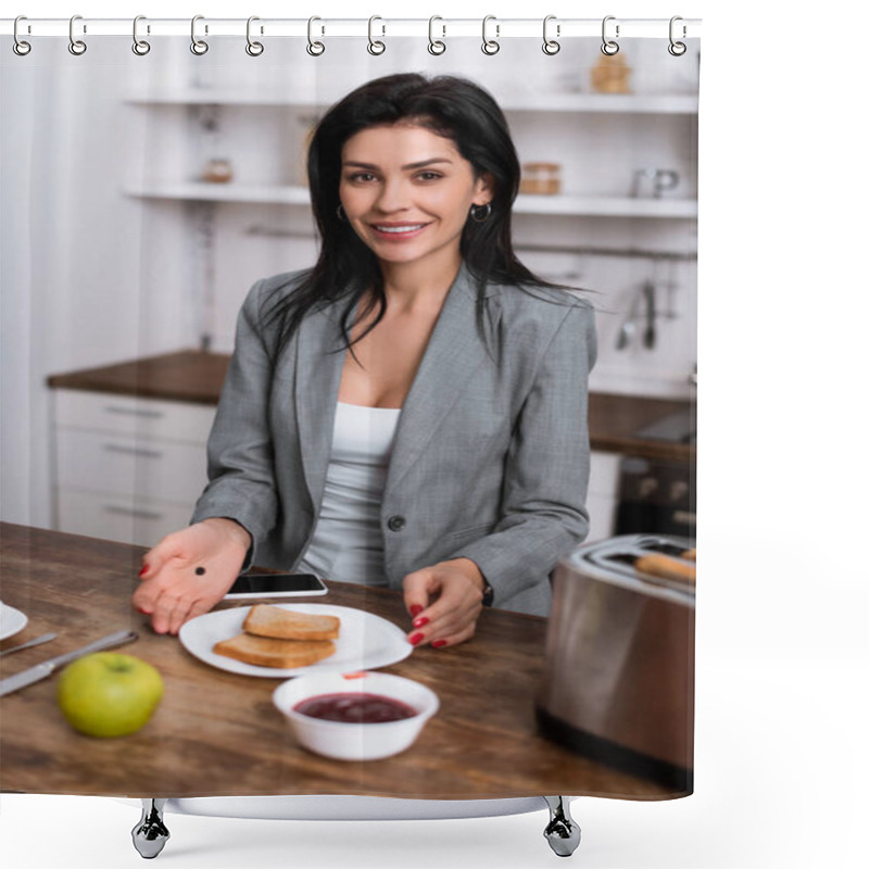 Personality  Selective Focus Of Smiling Businesswoman With Black Dot On Palm Touching Plate With Toast Bread Near Apple And Jam, Domestic Violence Concept  Shower Curtains