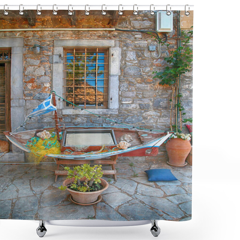 Personality  Fish Boat As A Decoration In Front Of Cafe In Greek Village, Crete Shower Curtains