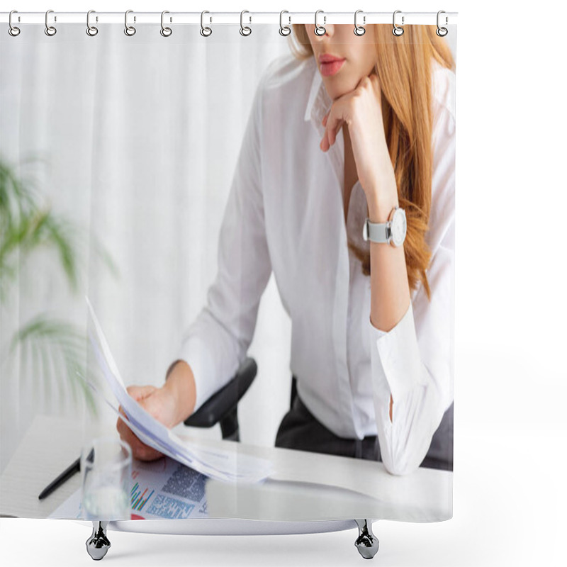 Personality  Cropped View Of Businesswoman Holding Dossier Near Graphs And Laptop On Table Shower Curtains