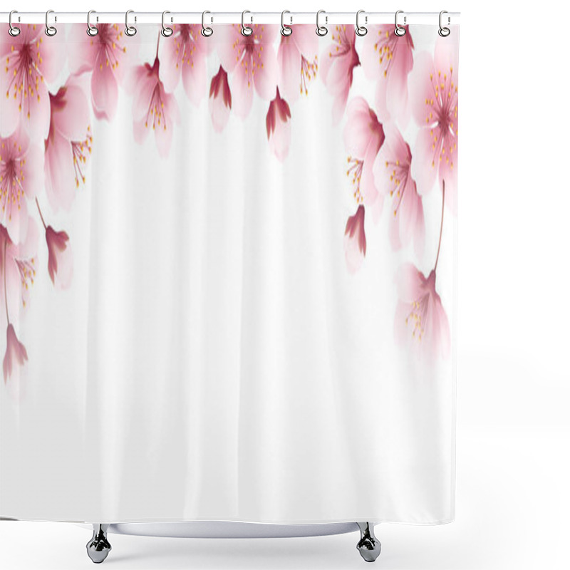 Personality  Floral Spring Cherry Flowers Blossom Border. Realistic Banner With Pink Blossom Background On Soft Light Background For Wallpaper Design. Vector Illustration Shower Curtains