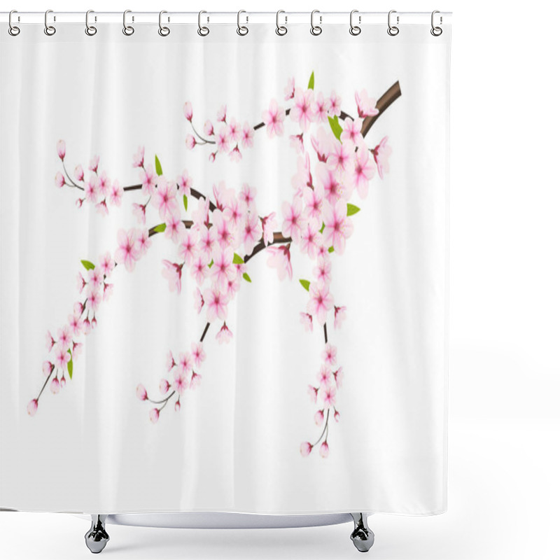 Personality   Realistic Blooming Cherry Flowers And Petals Illustration,cherry Blossom Vector. Pink Sakura Flower Background. Cherry Blossom Flower Blooming Vector Shower Curtains