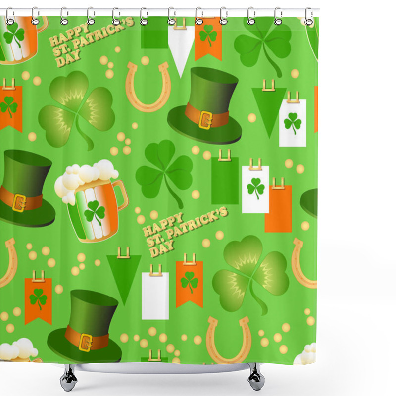 Personality  Vector Seamless Pattern St. Patrick Day. Include Lucky Clover, Hat, Beer Mug, Horseshoe  And The Flags On A Green Background. Shower Curtains