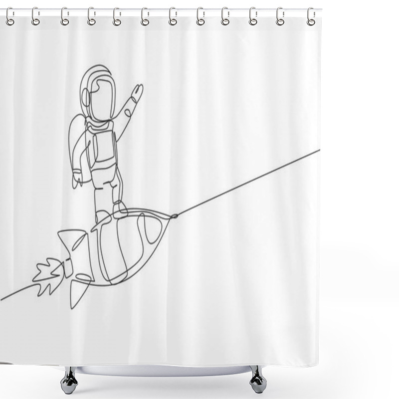 Personality  Single Continuous Line Drawing Of Astronaut In Spacesuit Flying At Outer Space While Standing On Rocket Spacecraft. Science Milky Way Astronomy Concept. Trendy One Line Draw Design Vector Illustration Shower Curtains