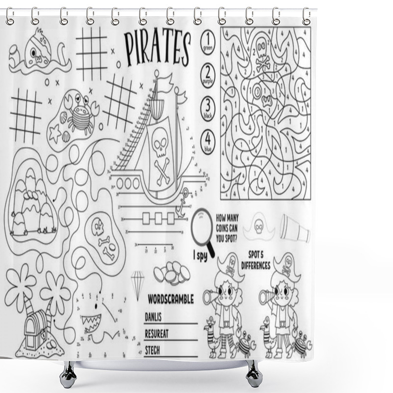 Personality  Vector Pirate Placemat For Kids. Treasure Hunt Printable Activity Mat With Maze, Tic Tac Toe Charts, Connect The Dots, Find Difference. Sea Adventure Black And White Play Mat Or Coloring Pag Shower Curtains