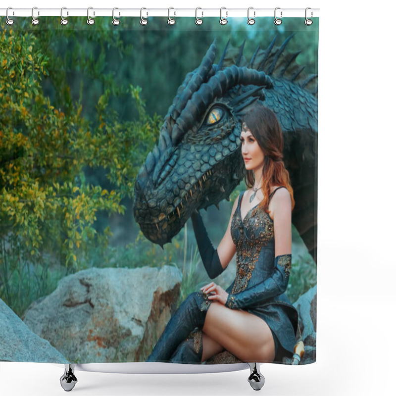 Personality  Fantasy Portrait Woman Warrior Queen, Hand Touches Muzzle Of Ancient Dragon. Black Leather Martial Costume, Embroidered With Metal Corset Sexy Armor. Warlike Girl Princess Zodiac Sign. Art Style Photo Shower Curtains