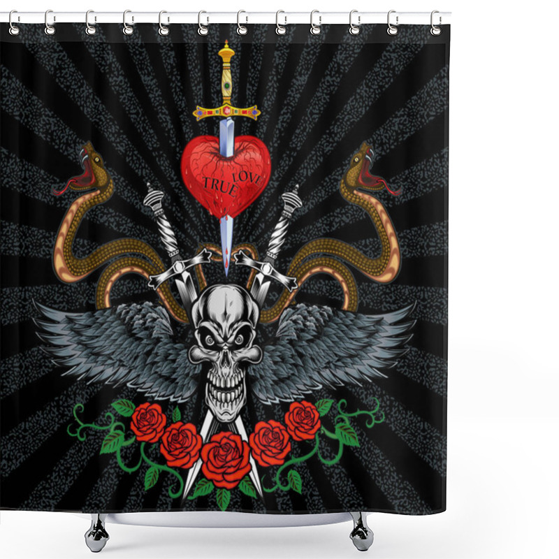 Personality  Illustration Human Death Skull With Roses And Wings Shower Curtains