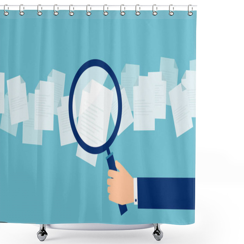 Personality  Crop Hand Of Cartoon Employer With Magnifier Looking Through Candidates Resume In Search  Shower Curtains