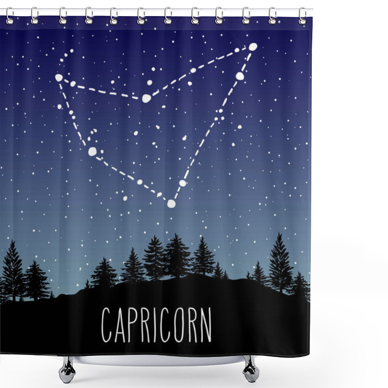 Personality  Capricorn Hand Drawn Zodiac Sign Constellation In A Starry Night Sky Over The Coniferous Forest. Vector Graphics Astrology Illustration. Western Horoscope Mystic Symbol In Nature. Shower Curtains