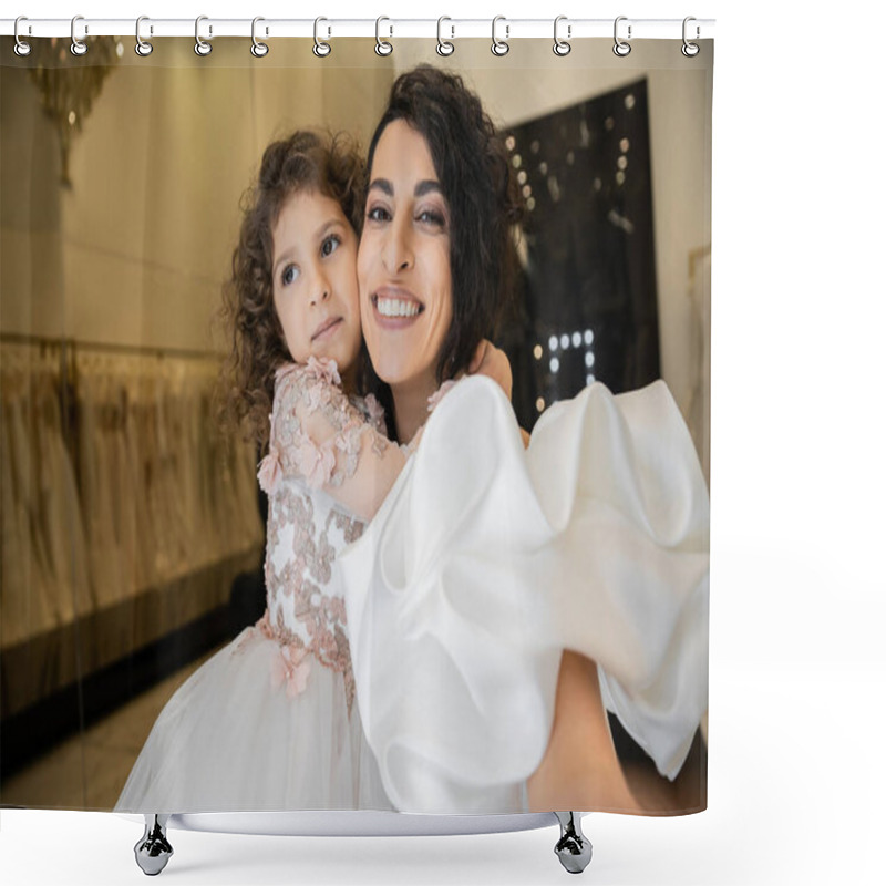 Personality  Cheerful Little Girl In Floral Attire Hugging Tight Her Charming Mother In White Wedding Dress With Puff Sleeves And Ruffles While Smiling And Looking At Camera In Bridal Boutique  Shower Curtains