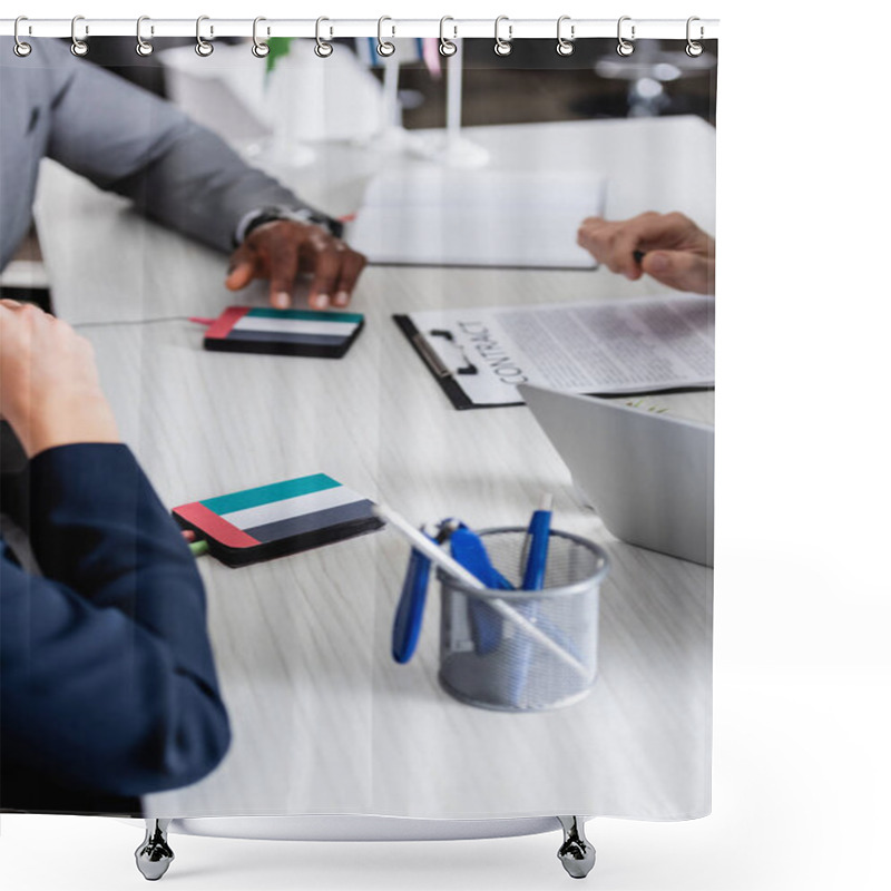 Personality  Selective Focus Of Digital Translators With Emblems Of United Arab Emirates Flags Near Multicultural Business Partners, Cropped View Shower Curtains