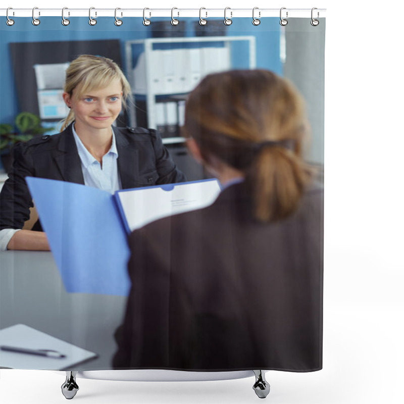 Personality  Young Woman In A Business Job Interview Shower Curtains