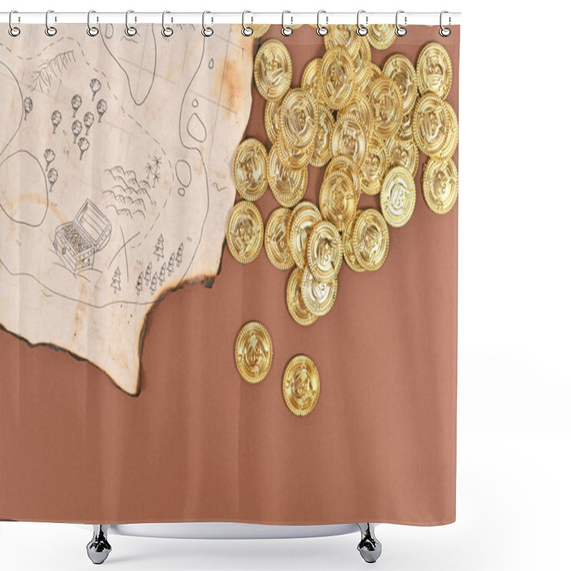 Personality  Hand Drawn Pirate Treasure Map With Toy Gold Coins For Children Shower Curtains