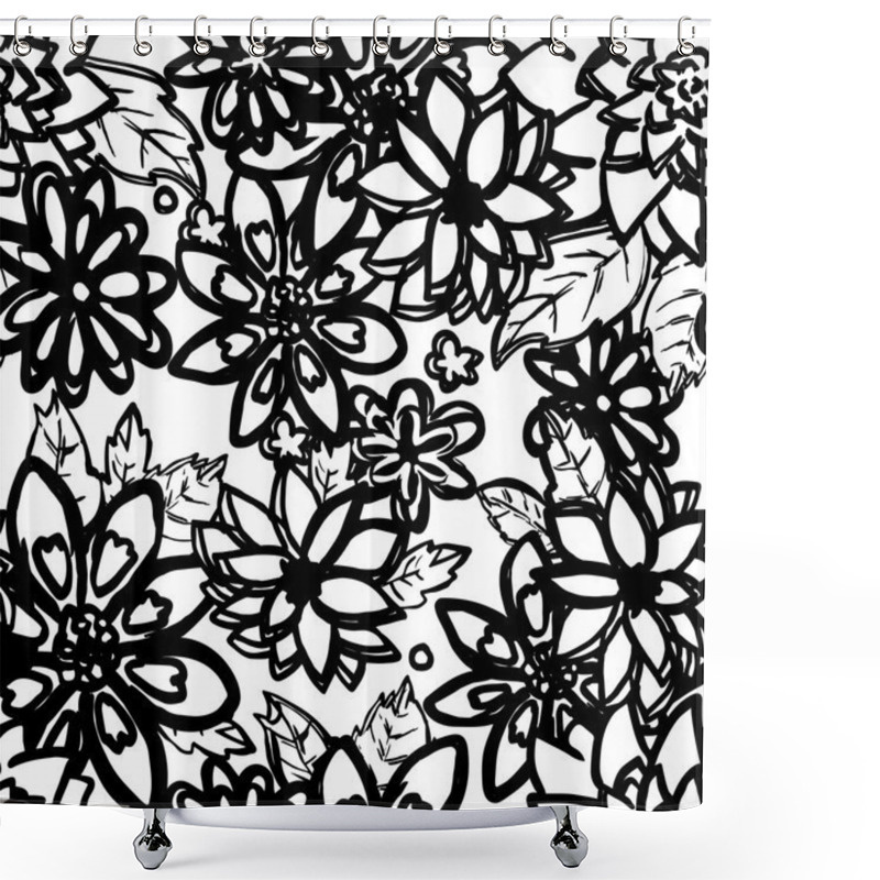 Personality  Black And White Floral Seamless Pattern. Hand Drawn White Flower Shower Curtains