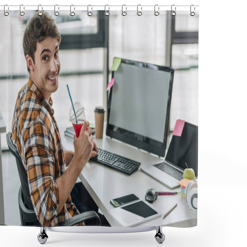 Personality  Young Programmer Smiling At Camera And Holding Glass Of Juice While Sitting At Workplace  Shower Curtains