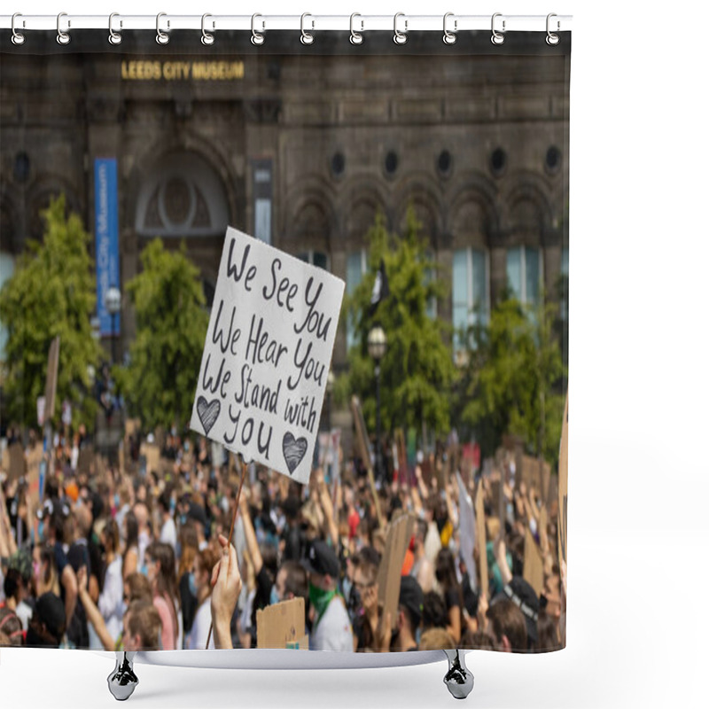 Personality  Leeds UK, 14th June 2020: Black Lives Matter Protesters In The Leeds City Centre Protesting About Black Lives Holding Up Signs Shower Curtains