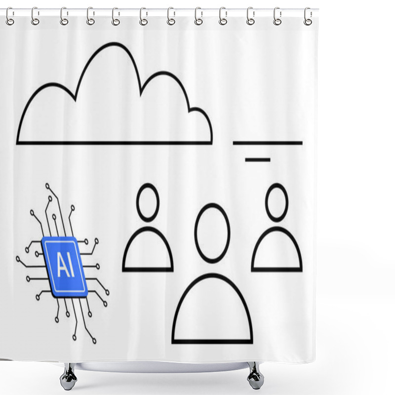 Personality  Cloud With AI Microchip And People Icons Signify AI Integration, Digital Collaboration, And Connectivity. Ideal For Teamwork, Technology, AI Innovation, Big Data, Automation, Cloud Systems Digital Shower Curtains