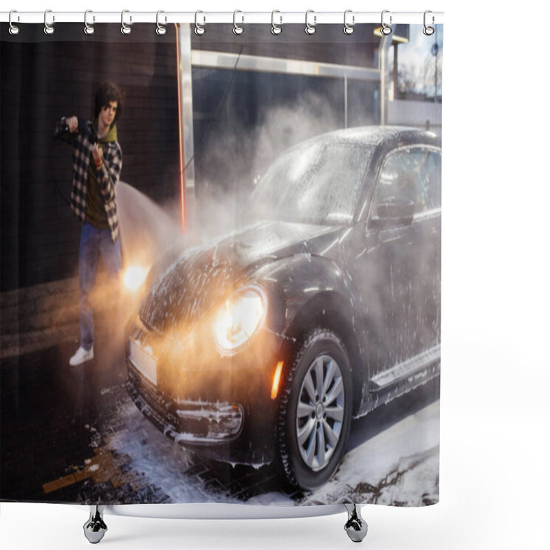 Personality  Car In Foam Near Blurred Driver With Pressure Washer Outdoors  Shower Curtains