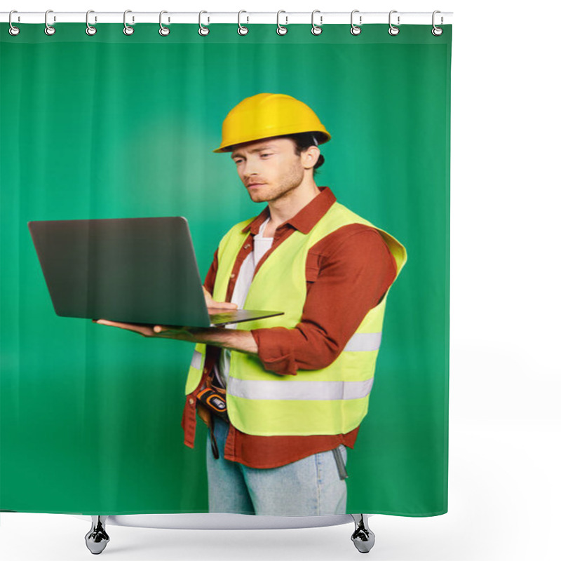 Personality  Handsome Worker In Hard Hat Holding A Laptop Against A Green Backdrop. Shower Curtains