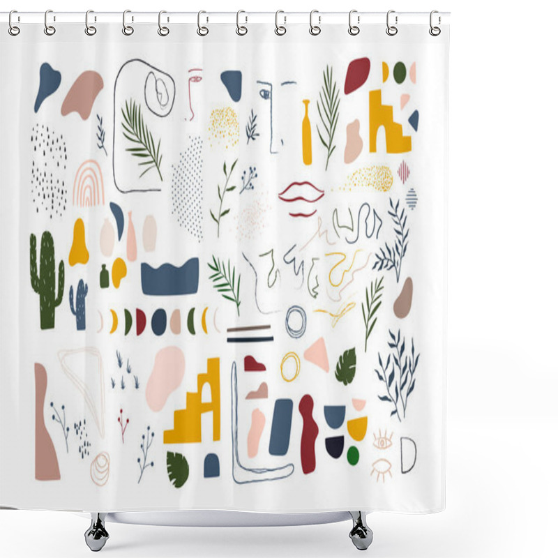 Personality  Set Of Elements For Abstract Graphic Art. Lines, Shapes, Palm Leaves, Cactus, Dots, Moon, Sun. Shower Curtains