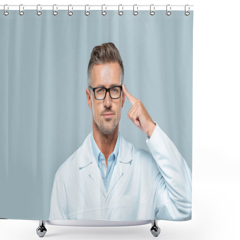 Personality  Handsome Scientist In Glasses Pointing On His Head And Looking At Camera Isolated On Grey, Artificial Intelligence Concept Shower Curtains