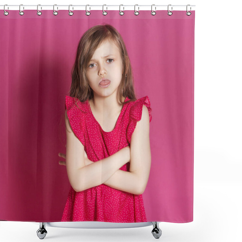 Personality  Little 8 Years Old Girl Make Some Emotional Gesture With Her Hands On A Pink Neutral Background. She Has Long Brunette Hair And Wear Red Summer Dress. Funny Expression On Her Face Shower Curtains