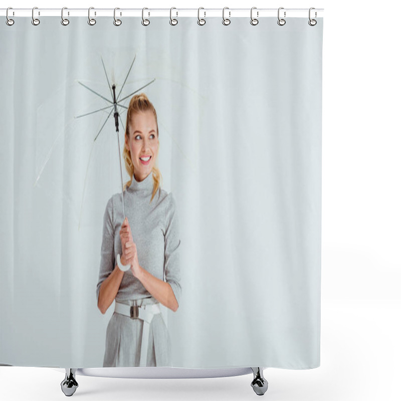 Personality  Smiling Woman In Grey Clothes Posing With Transparent Umbrella Isolated On Grey Shower Curtains