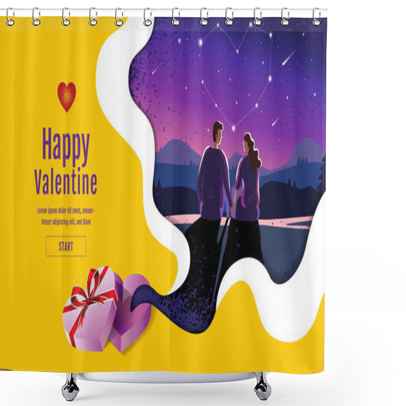 Personality  Lovely Couple ,Valentine's Day ,festival, Landscape  Night Background, Banner Design Layout, Vector Illustration, Art Style. Shower Curtains