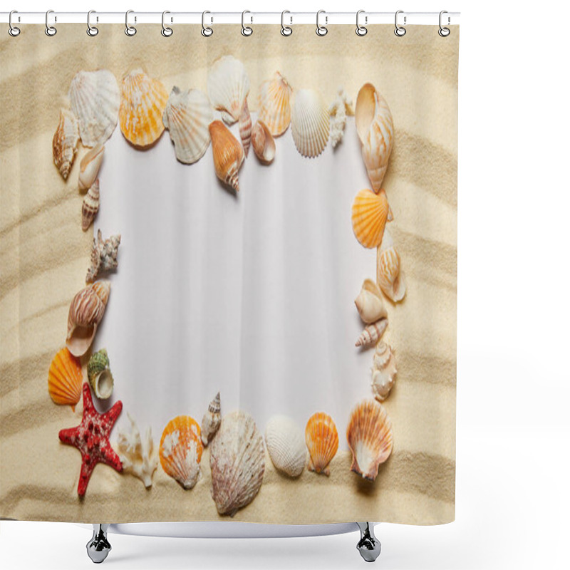 Personality  Frame Of Seashells Near Blank Placard On Sandy Beach Shower Curtains