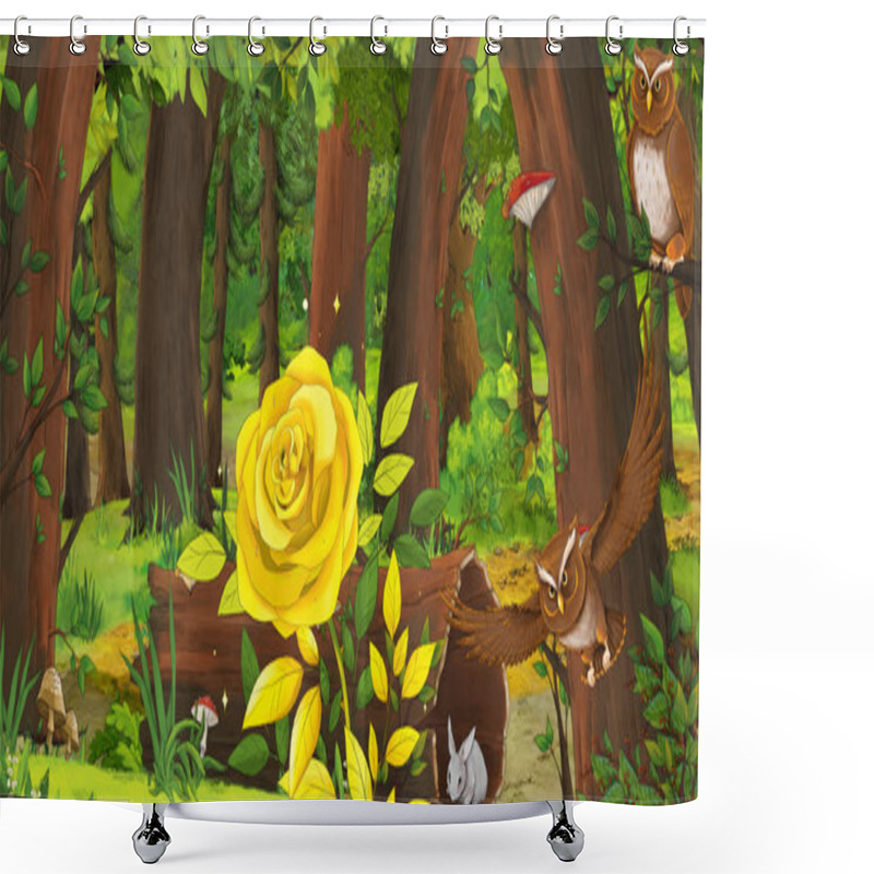 Personality  Cartoon Summer Scene With Deep Forest And Bird Owl And Golden Rose - Nobody On Scene - Illustration For Children Shower Curtains