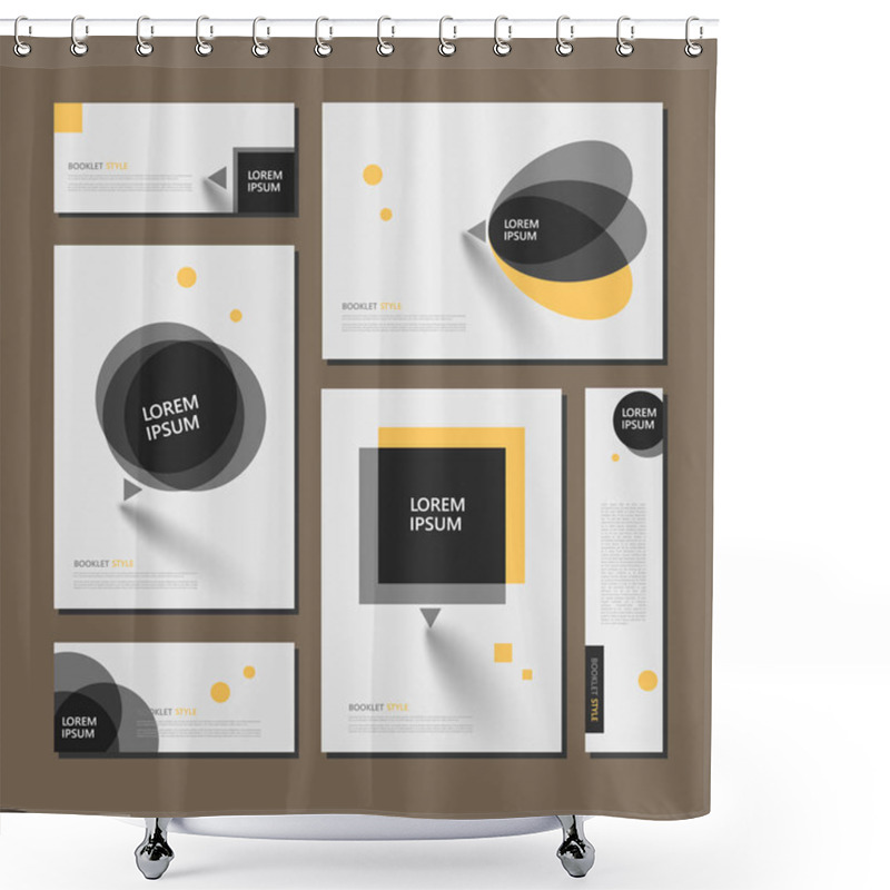 Personality  Abstract Flyer Art. White Brochure Cover Design. Info Banner Frame. Elegant Ad Text Font. Title Sheet Model Set. Fancy Vector Front Page. Square Printed Blurb. Yellow, Black Figures Icon. Diary Binder Shower Curtains