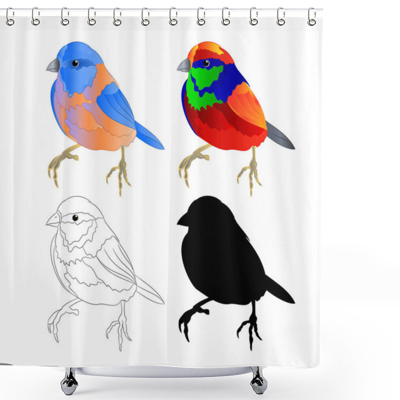 Personality  Bluebird Small  Thrush And Tropical Bird  Outline And Silhouette On A White Background  Vintage Vector Illustration Editable Hand Draw Shower Curtains