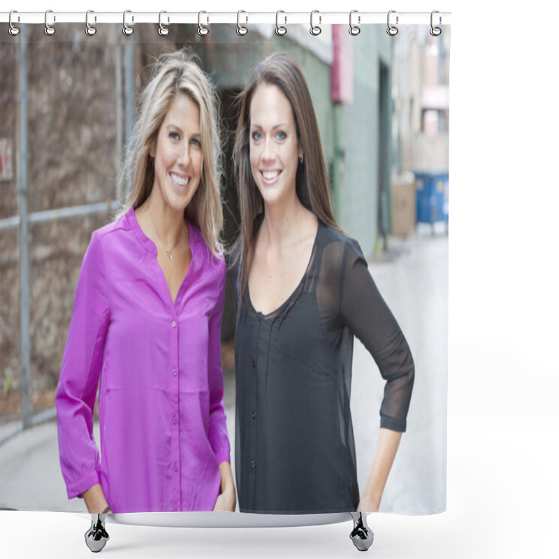 Personality  Happy Women Posing Outdoors Shower Curtains