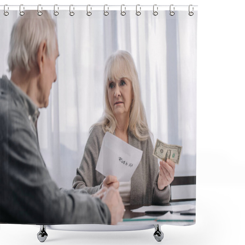 Personality  Senior Couple Holding Envelope With 'roth Ira' Lettering And Dollar Banknote At Home Shower Curtains