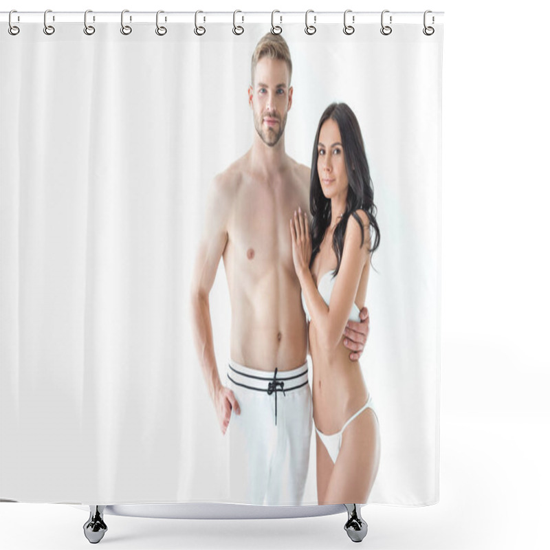 Personality  Young Beautiful Couple In Swimwear Hugging And Looking At Camera, Isolated On White Shower Curtains