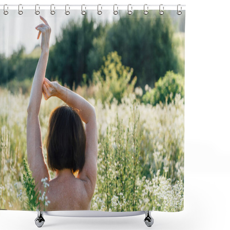 Personality  Rear View Of A Gorgeous Dreamy Red-haired Mature Caucasian Woman With Bare Shoulders Stretching Arms, Looking Aside, Standing In Chamomile Field At Summer Time. Shower Curtains