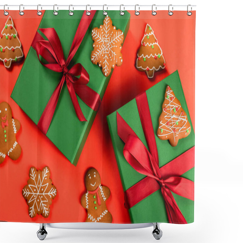 Personality  Top View Of Green Wrapped Presents Near Gingerbread Cookies On Red Background Shower Curtains