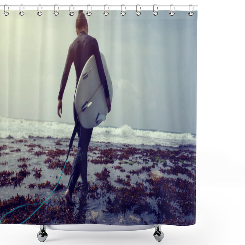 Personality  Woman Surfer With Surfboard Walking On Seaside Reef  Shower Curtains