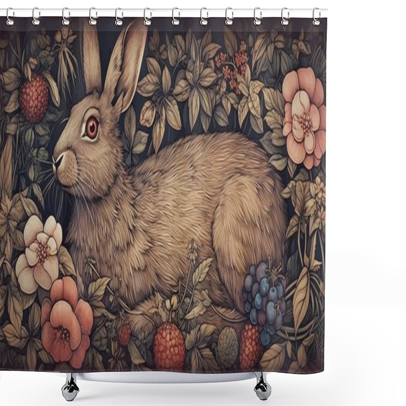 Personality  A Detailed Illustration Of A Rabbit Nestled Within A Botanical Arrangement Of Flowers And Fruits. The Artwork Combines Intricate Natural Elements With A Vintage-inspired, Whimsical Touch. Shower Curtains