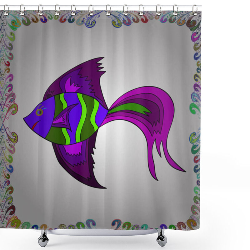 Personality  Handdrawn. Vector Illustration. Fish Doodle Style. Seamless. Fishes On White, Purple And Green. Shower Curtains