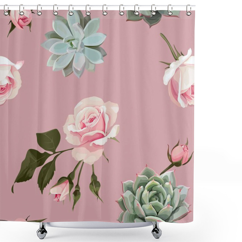 Personality  Succulents And Roses Vector Seamless Pattern Shower Curtains