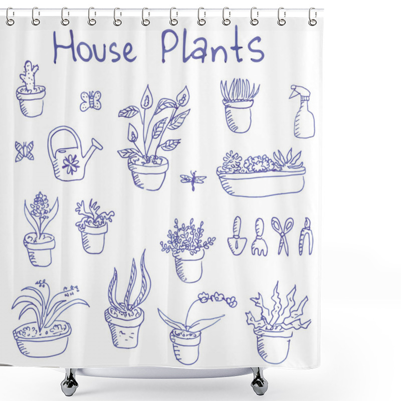 Personality  Big Set Of Liner Pen Hand-drawn Doodle Outline Houseplants And Garden Tools Shower Curtains