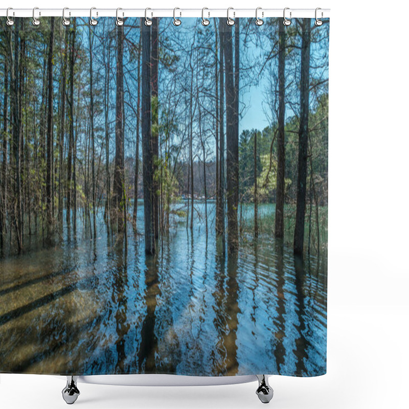 Personality  Submerged Parking Lot And Trees At Little Ridge Park Lake Lanier From Record Rainfall With Boats Docked In The Background On A Sunny Day In Winter Shower Curtains