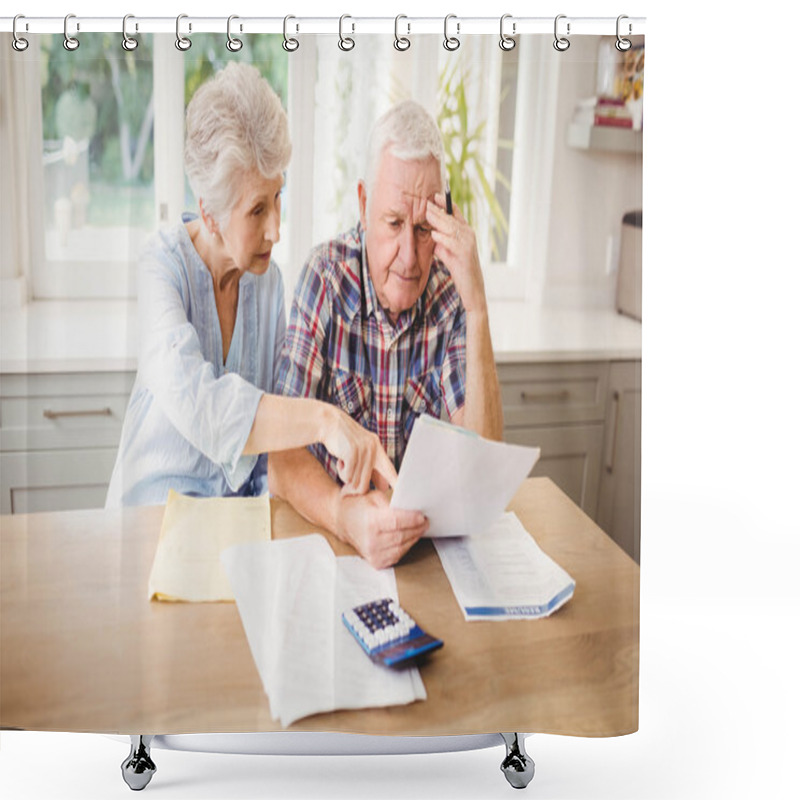 Personality  Worried Senior Couple Checking Bills Shower Curtains