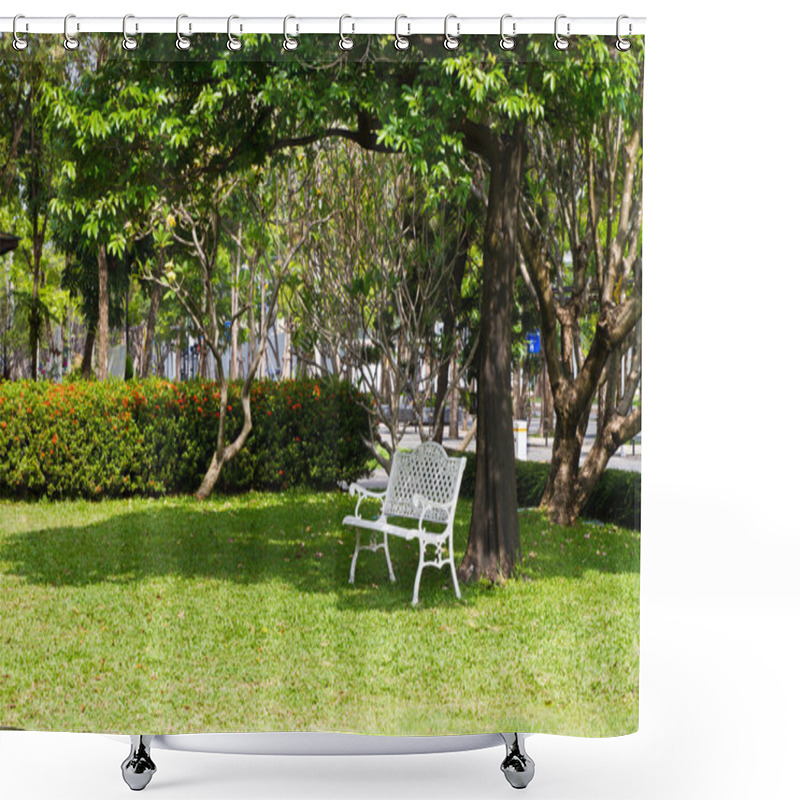 Personality  White Chair Under The Trees And In Lawn Shower Curtains