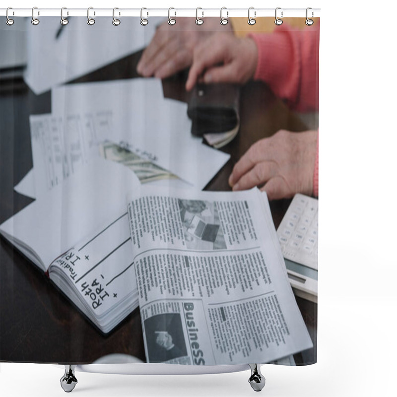 Personality  Cropped View Of Senior Couple Sitting At Table With Business Newspaper, Envelope With 'roth Ira' Lettering And Notebook Shower Curtains