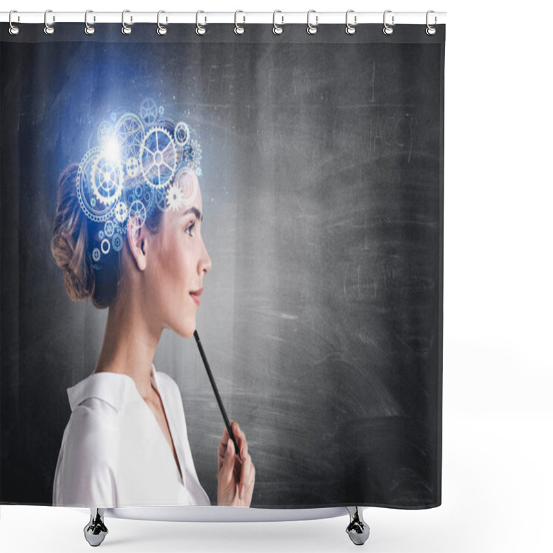 Personality  Thoughtful Teacher Wearing White Shirt Is Thinking And Pondering About New Creative Ideas For A Lesson. Chalkboard In The Background. Concept Of Modern Technology And Inspiration For Studying Shower Curtains