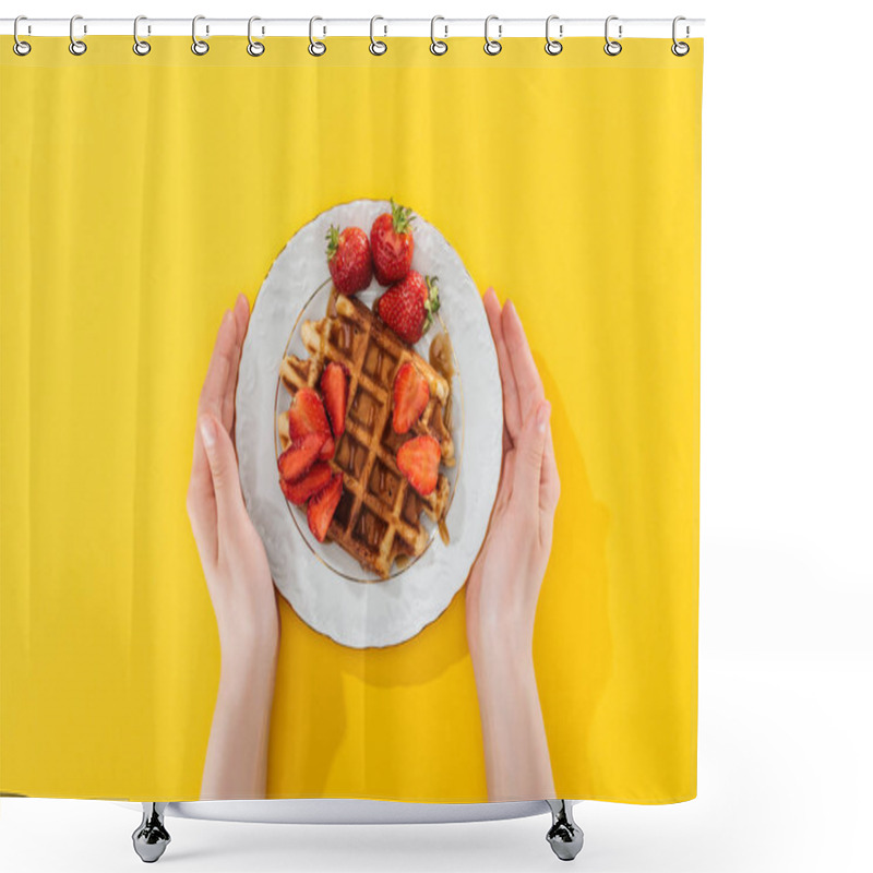 Personality  Cropped View Of Woman Holding Plate With Waffle And Strawberries On Yellow Shower Curtains