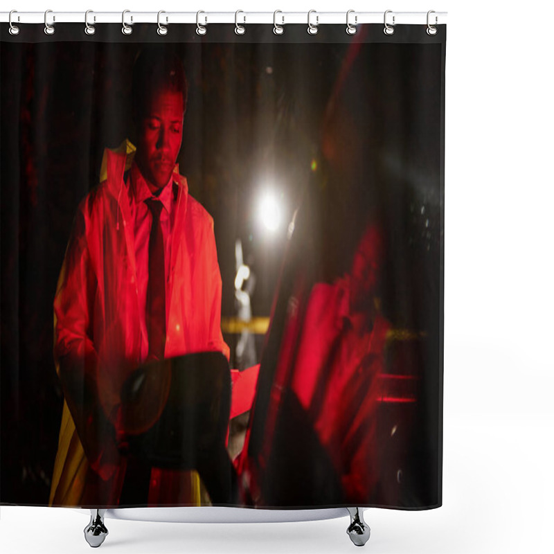 Personality  Waist Up Portrait Of Young Black Man As Police Officer Reading Documents Standing By Car Outdoors At Crime Scene With Red Siren Lights, Copy Space Shower Curtains