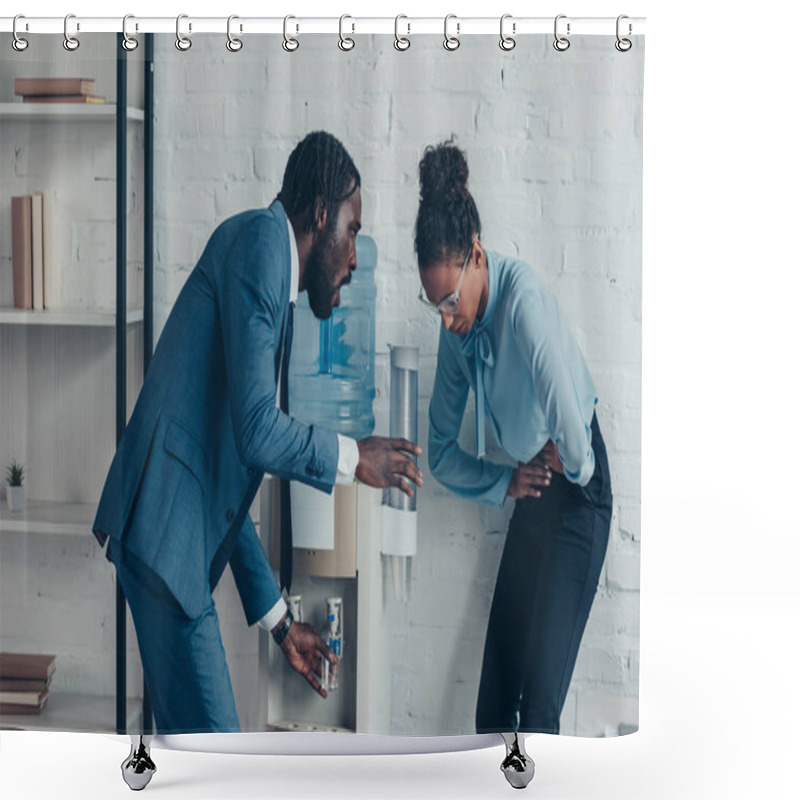 Personality  Worried African American Manager Giving Glass Of Water To Pretty Colleague Suffering From Abdominal Pain Shower Curtains